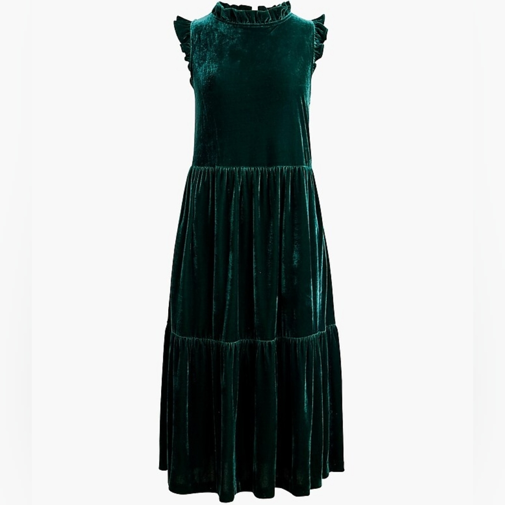 New! J. Crew sz 2 Green Velvet Tiered Midi Holiday Christmas Dress NWT